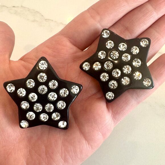 Vintage Black Star and Rhinestone Star Clip-On Earrings - Picture 4 of 7